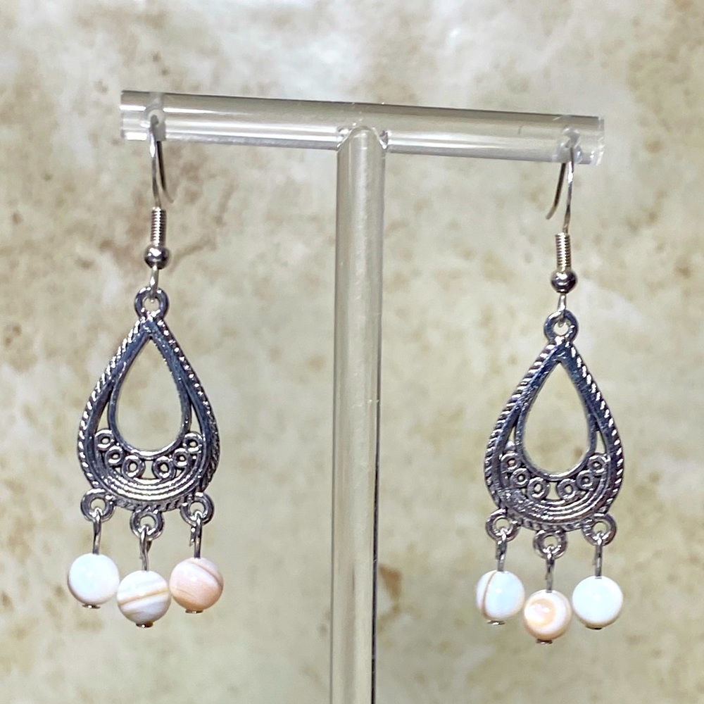 Silver-tone earrings with marbleized stone beads